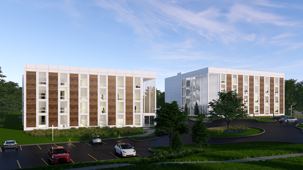 A rendering of 125 Henkel Way in Rocky Hill, Conn. The 96-unit, two-building development is set to be completed using Vessel technology. Image courtesy of Vessel Technologies